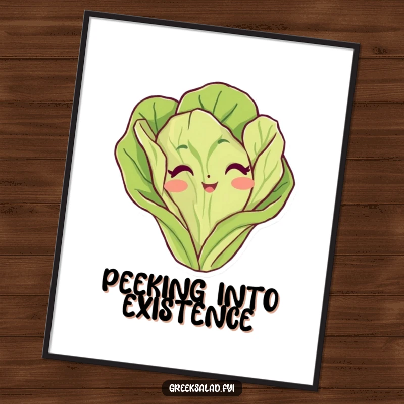 Funny digital art print of a lettuce leaf character playfully peeking with cartoonish charm, adding humorous decor.