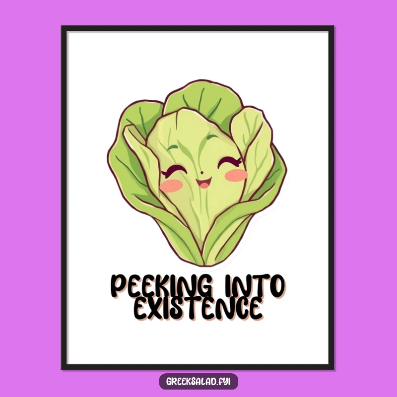 Funny Lettuce Leaf Peeking Digital Art: Humorous Vegetable Character Print, Great Funny Gift!