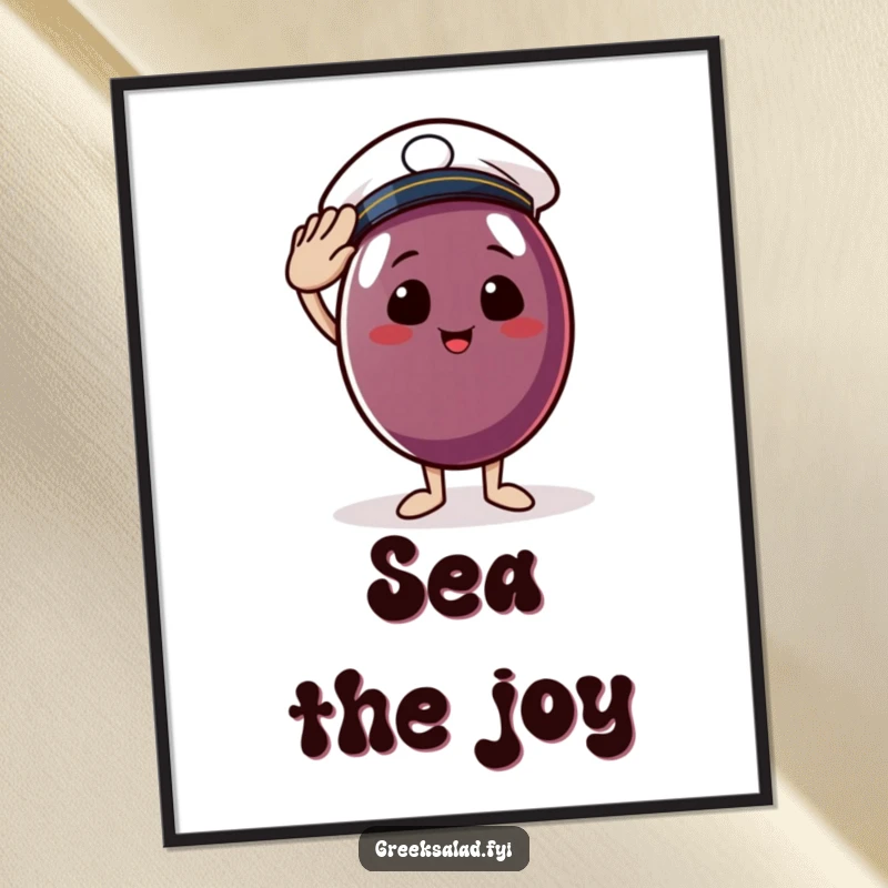 Funny digital art of a cheerful Kalamata olive wearing a sailor hat and saluting, symbolizing nautical fun and good cheer for instant download.