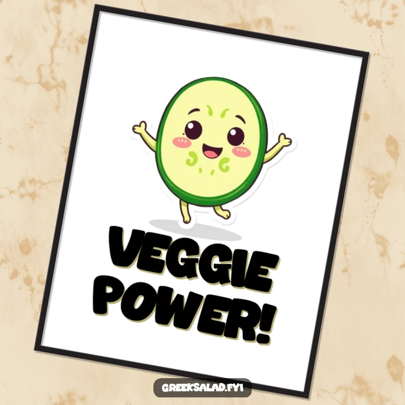 Funny Digital Art Print featuring a bright, cheerful cucumber slice captured mid-leap, embodying pure cartoon joy and playful movement.