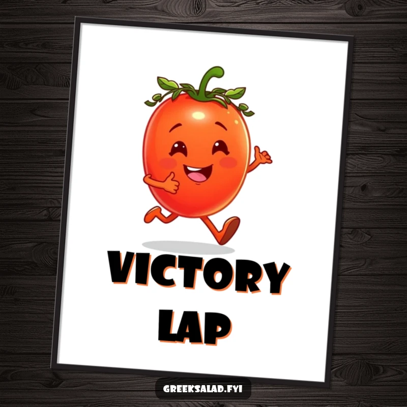 Funny digital art print of a cheerful tomato wearing a laurel wreath, jogging happily, ideal for fitness rooms.