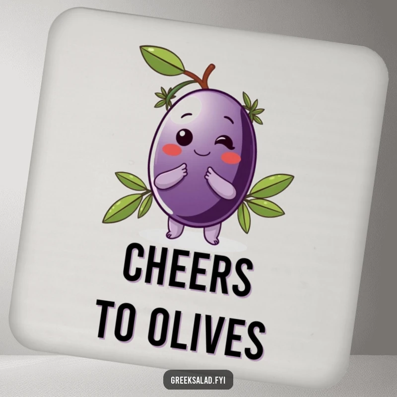 Funny drink coasters featuring a delighted Kalamata olive with a laurel wreath, offering elegant protection and humor.