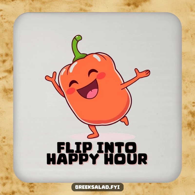 Funny Bell Pepper Cartwheel Coaster: A grinning bell pepper cartwheels, offering energetic protection.