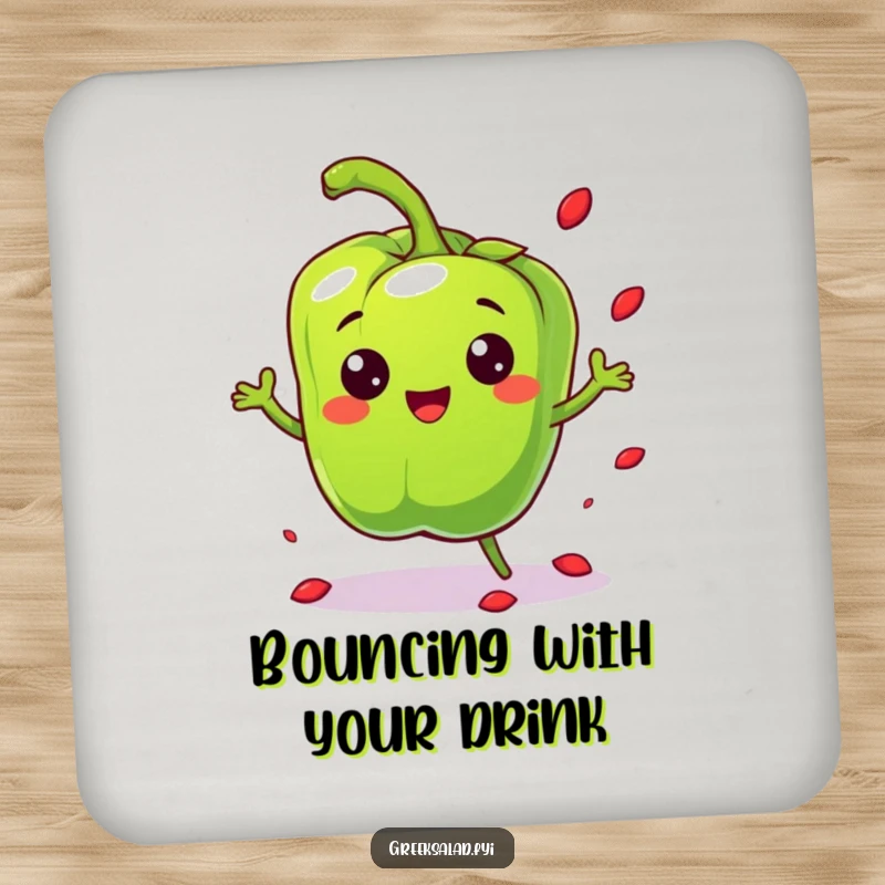 Funny cheerful bell pepper character bouncing playfully and scattering seeds, presented on a functional and humorous drink coaster.