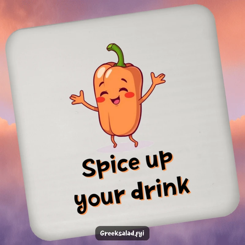 Funny coaster featuring a bell pepper character dancing sillily, adding a cheerful and protective element to your tables.