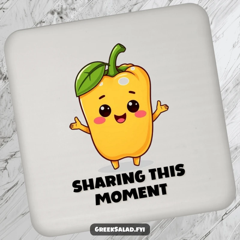 Funny bell pepper character offering a mini olive on a drink coaster, providing surface protection with cheerful generosity.