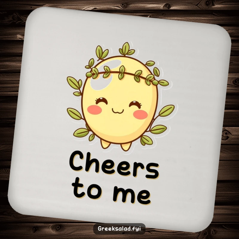 Funny coasters showcasing a cheeky olive character with a laurel wreath, protecting surfaces with witty sophistication.