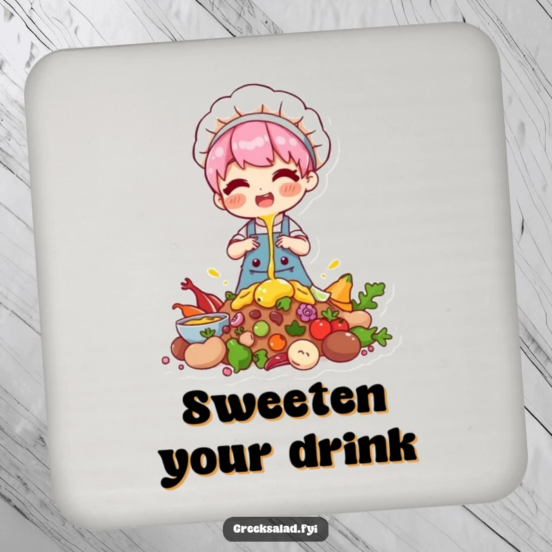 Funny drink coaster with a chef character happily drizzling over ingredients, adding a touch of culinary charm.