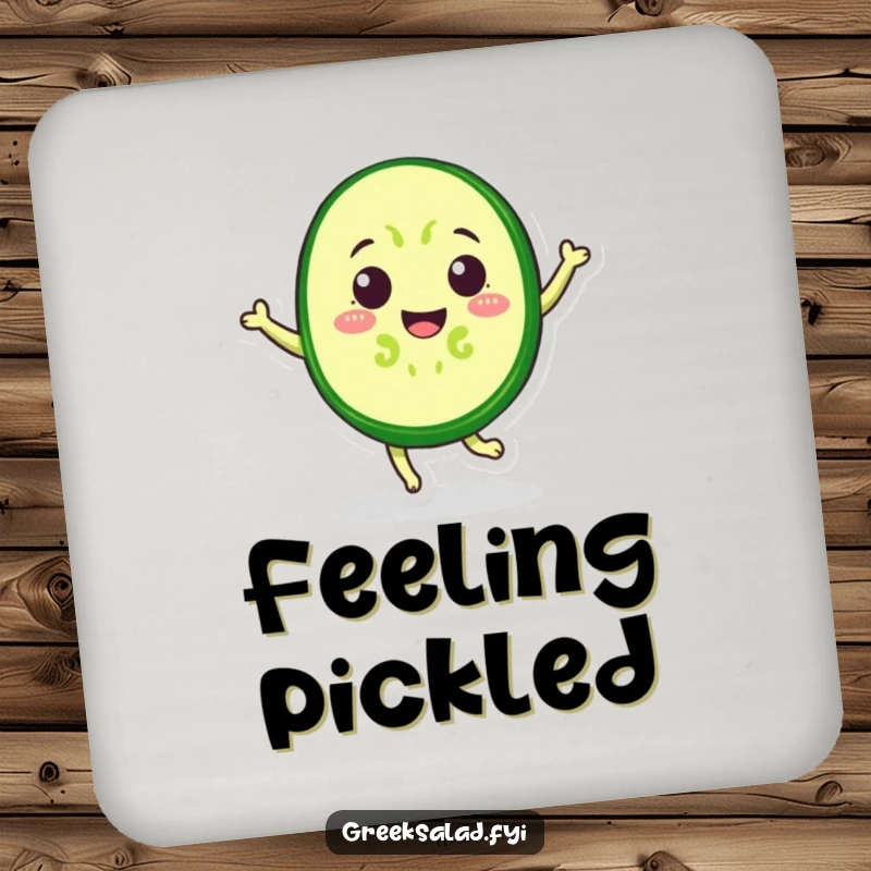 Funny Drink Coaster decorated with a cheerful cucumber slice in mid-jump, adding a dose of veggie humor to beverage service.