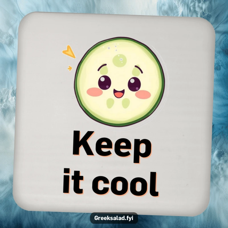 Funny drink coaster with a delighted cucumber slice winking, protecting tables with veggie-themed humor.