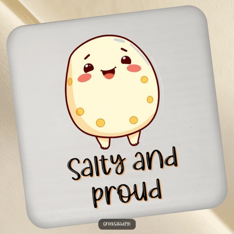 Funny drink coaster with a proud feta cheese character beaming, adding a touch of dairy humor to beverage service.