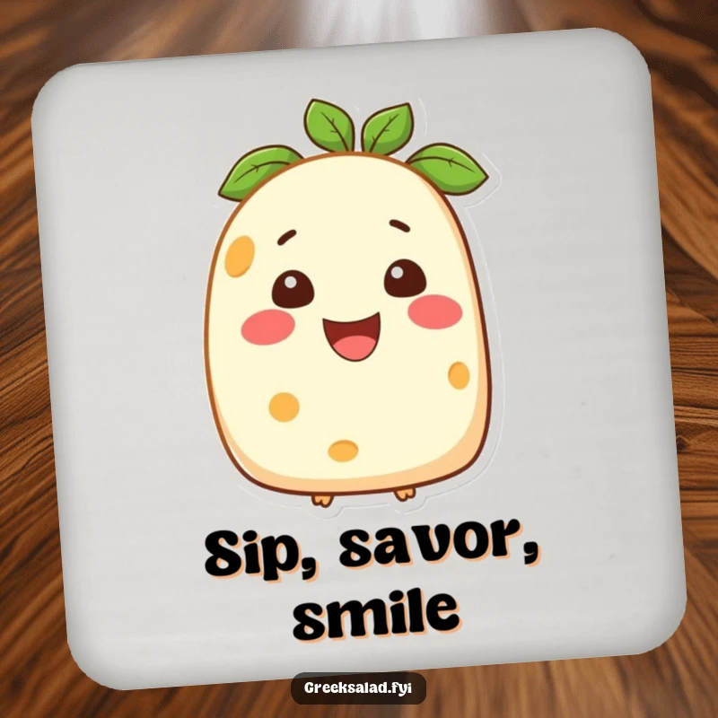 Funny coaster featuring a smiling feta cheese character, adding a cheerful and protective element to your tables.
