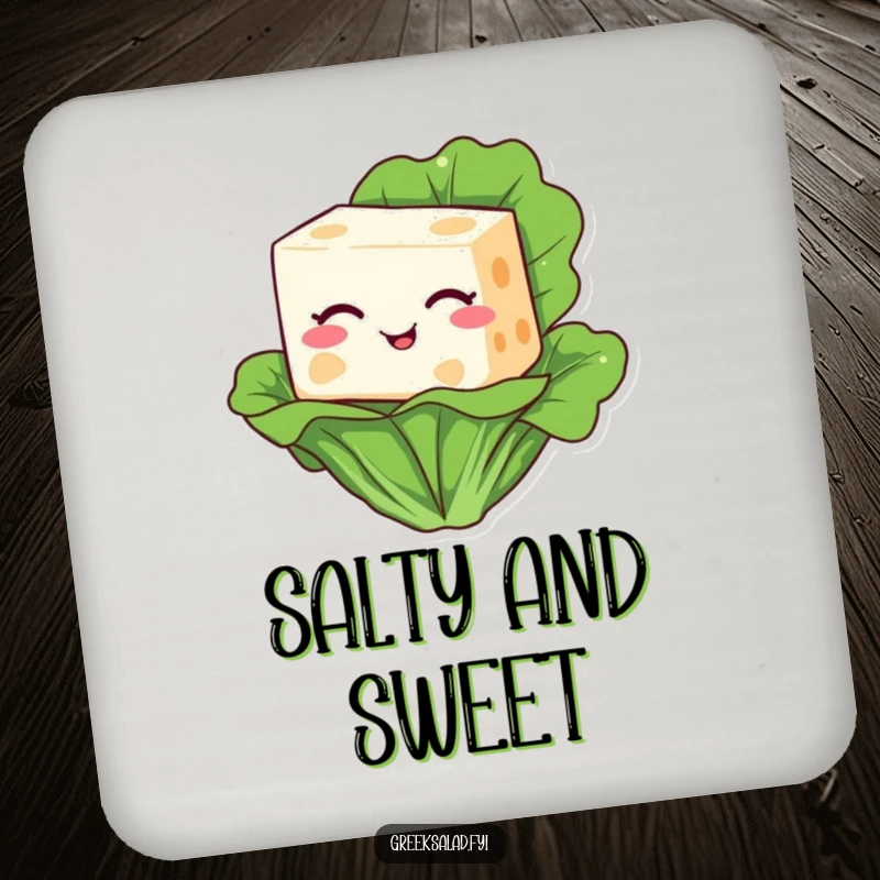 Funny drink coaster with a cartoon feta cheese block winking charmingly while perched on a lettuce leaf.