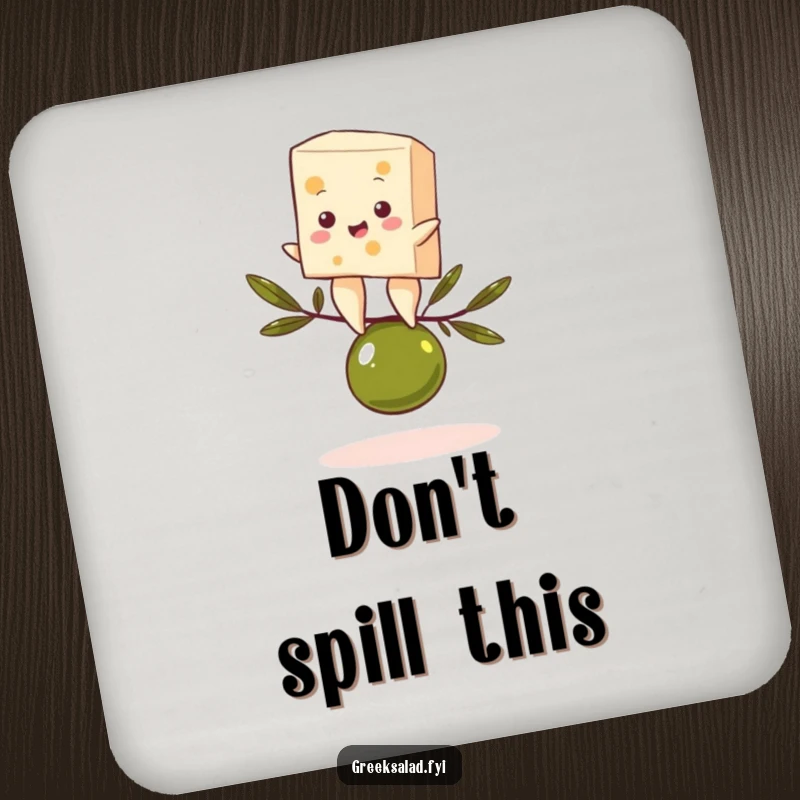 Funny drink coaster with a feta cheese character comically balancing on an olive, offering gourmet humor and surface protection.
