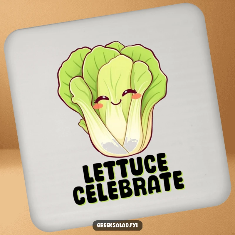 Funny drink coasters showcasing a giggling romaine lettuce leaf waving, protecting furniture with charming, vegetable-themed humor.