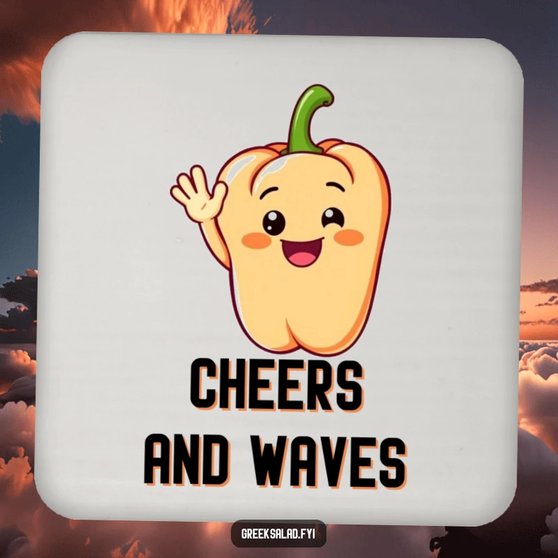 Funny drink coaster featuring a grinning bell pepper segment doing a cheerful wave, protecting surfaces with friendly humor.