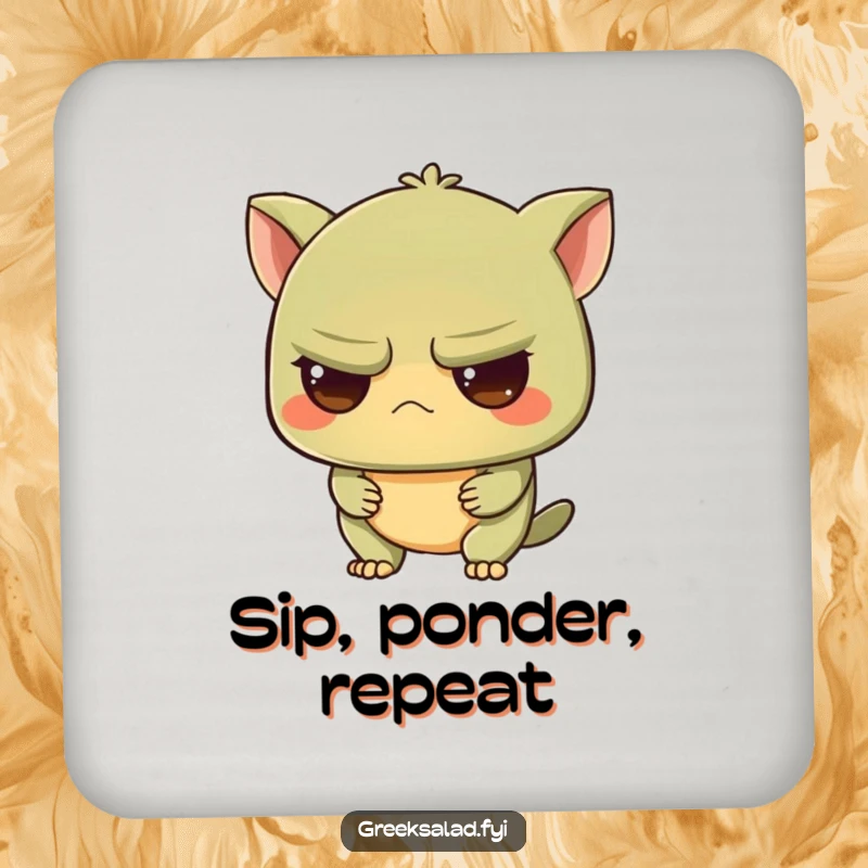 Funny drink coaster featuring a grumpy olive character looking intrigued, adding a touch of dry wit and understated humor to any tabletop.