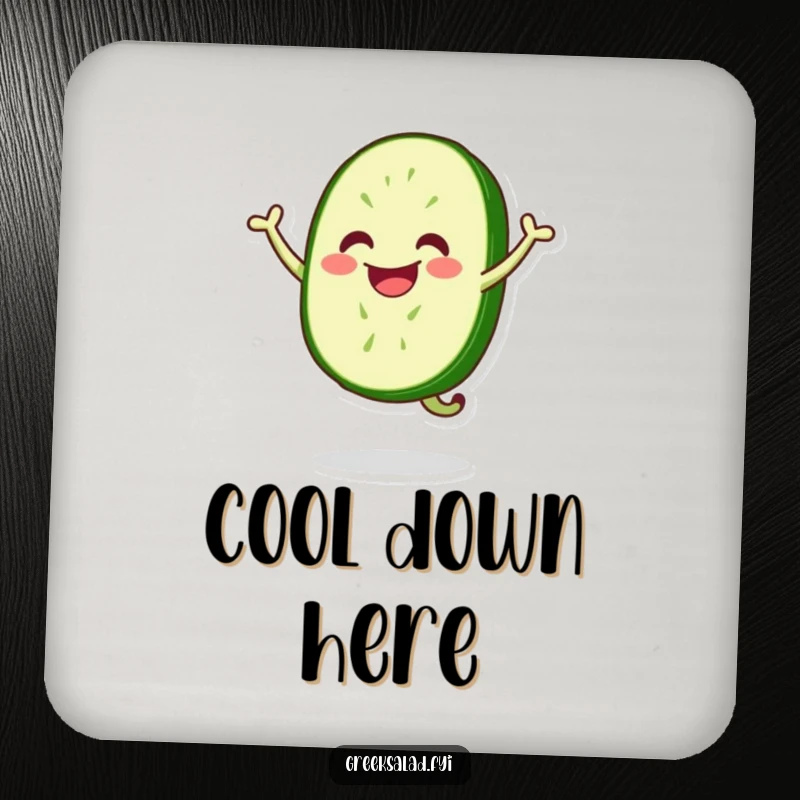 Funny drink coaster featuring a smiling cucumber slice in a dynamic happy jump, providing surface protection with a playful veggie design.