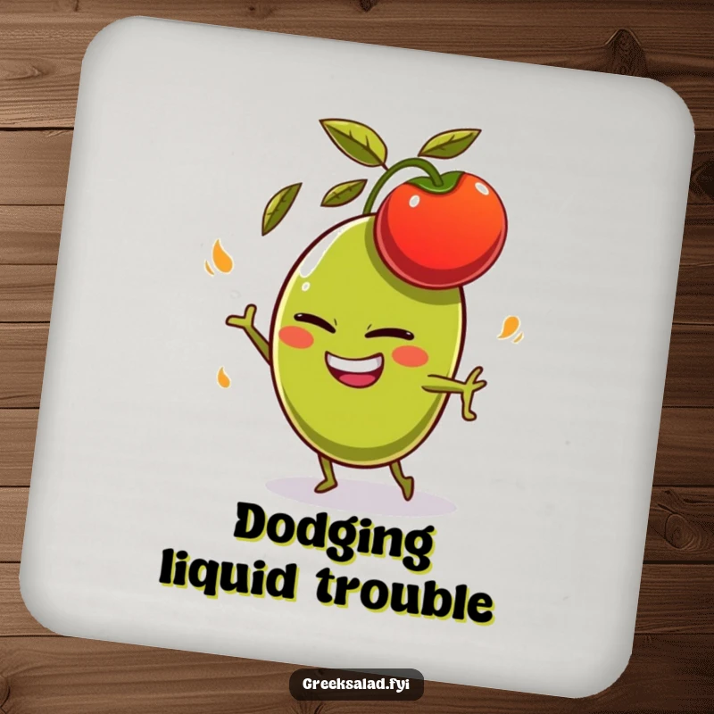 Funny olive character with a mischievous grin, comically dodging a flying tomato, presented on a functional and humorous drink coaster.