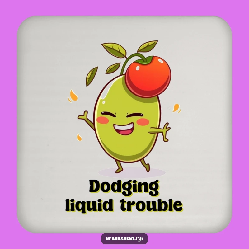 Funny Olive Dodging Tomato Coaster - Protect Surfaces with Humor