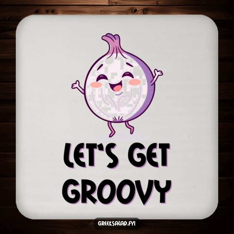Funny drink coaster with a cartoon purple onion slice character dancing playfully, adding a touch of fun to surfaces.