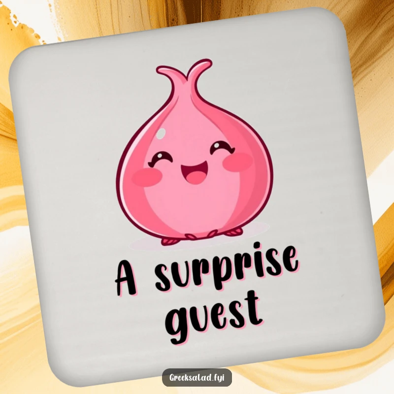 Funny drink coaster with a happy red onion peeking out, protecting tables with vegetable-themed humor.