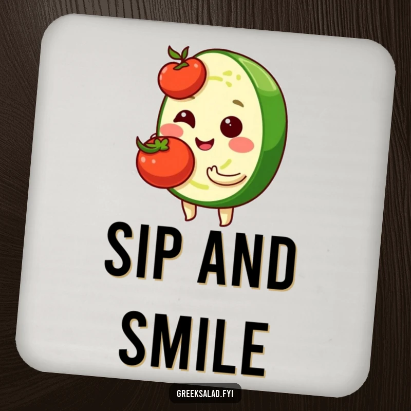 Funny coasters showcasing a shy cucumber slice character holding a cherry tomato, protecting surfaces with cute veggie humor.