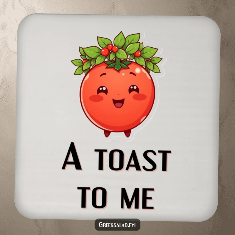 Funny tomato character wearing a laurel wreath, on a drink coaster, providing surface protection with regal humor.