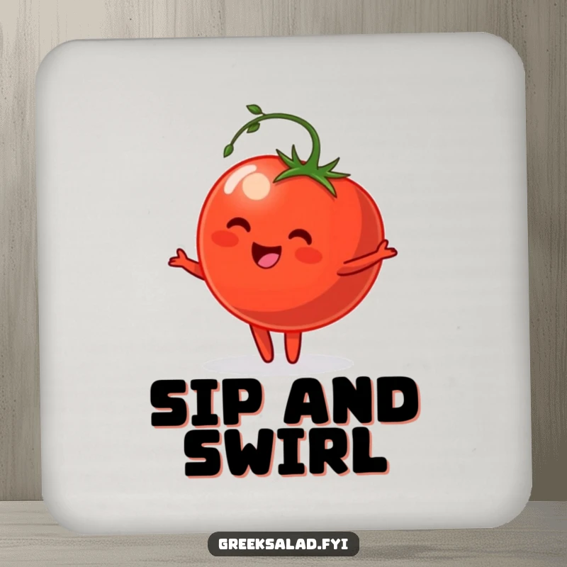 Funny Drink Coaster featuring a happy tomato with a stem doing a graceful pirouette, perfect for adding artistic charm to beverage service.
