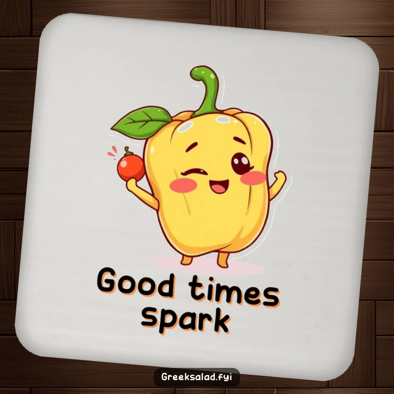 Funny coasters showcasing a happy bell pepper character winking and tossing a caper, protecting surfaces with playful charm.