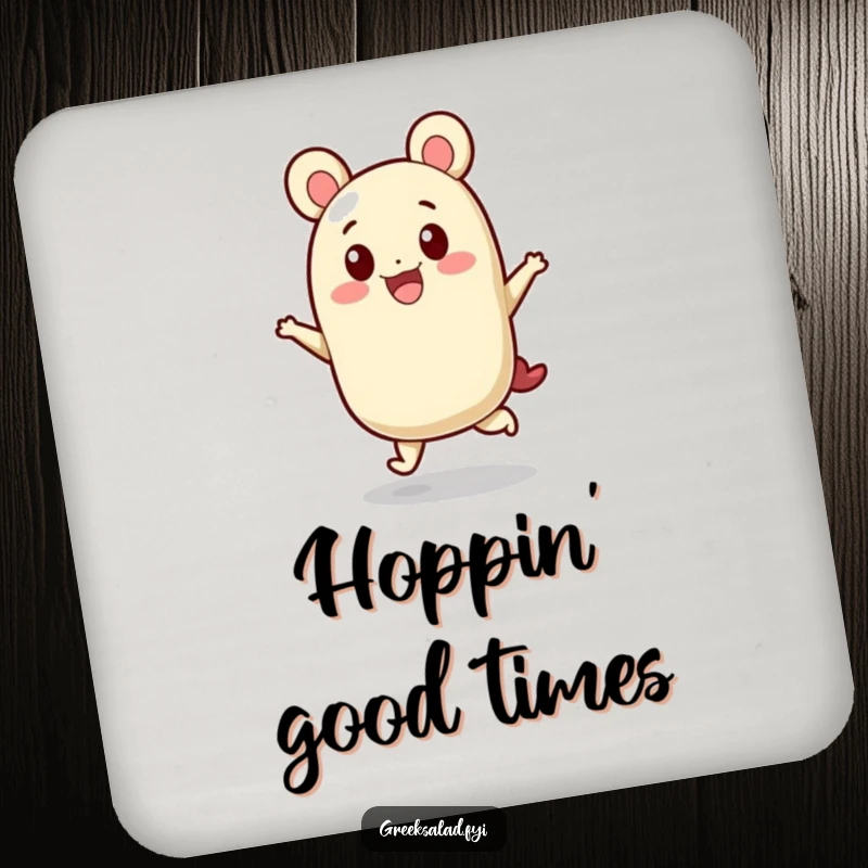 Funny coasters showcasing a feta cheese block character in a spirited hop, protecting surfaces with cheesy delight.