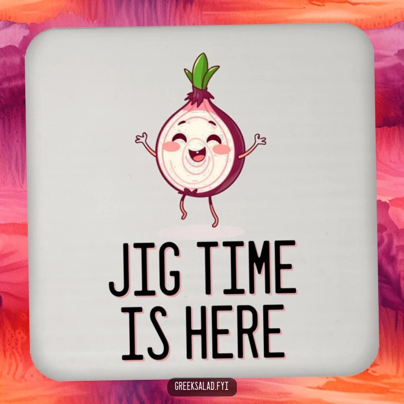 Funny Red Onion Jig Coaster: A happy red onion slice jigs, offering cheerful protection.