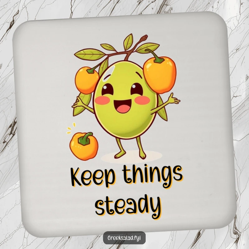 Funny drink coaster showcasing a smiling olive character juggling bell peppers, designed to add humor to any surface.