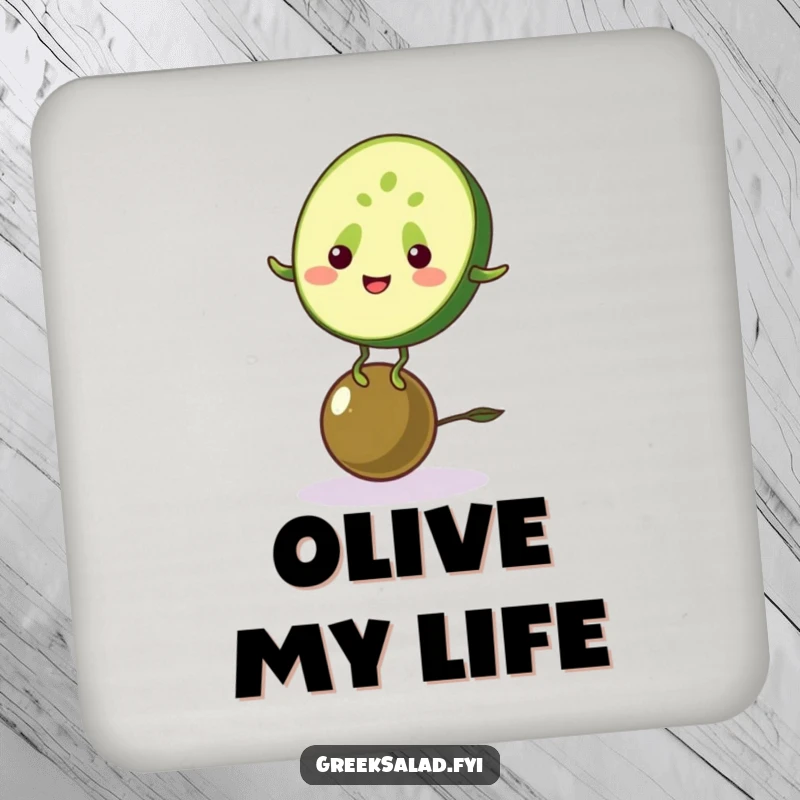 Funny drink coasters featuring a cucumber balancing on an olive, protecting surfaces with healthy humor.