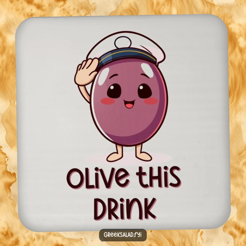 Funny coaster with a cheerful Kalamata olive in a sailor hat giving a salute, adding a touch of maritime charm to any surface.