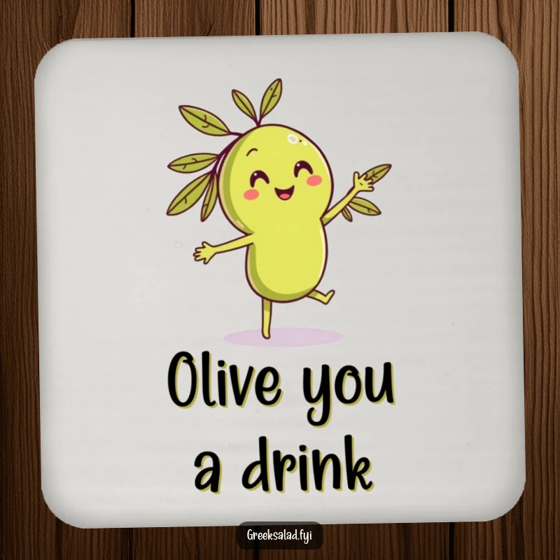 Funny dancing olive drink coaster with a smiling character doing a playful dance, adding a humorous food-themed touch to decor.