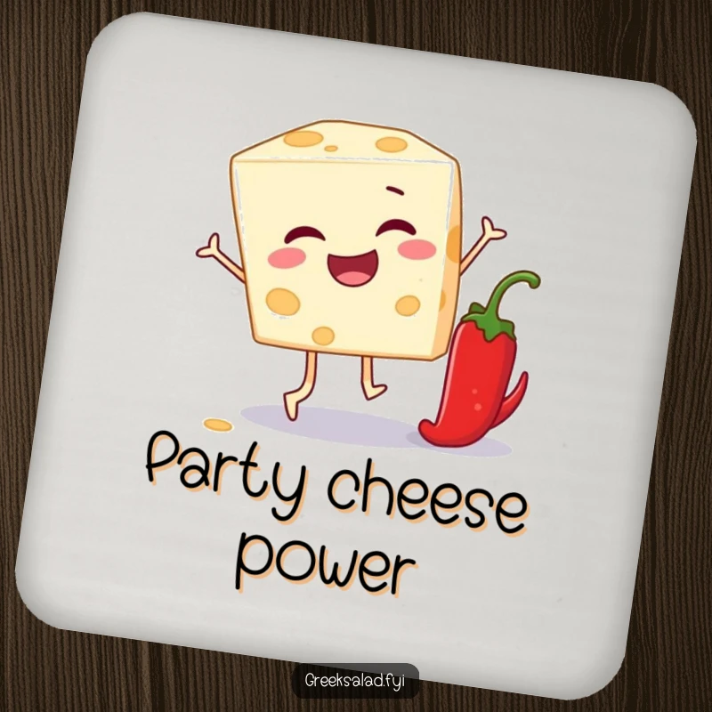 Funny drink coasters with a feta cheese block playing leapfrog over a pepper, protecting surfaces with cheesy humor.