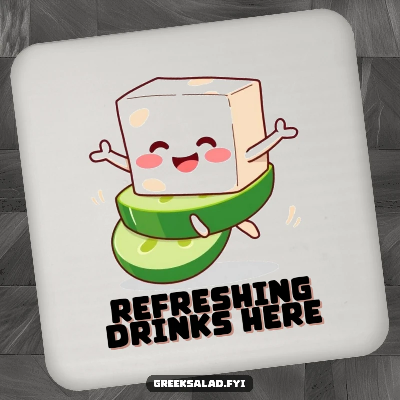 Funny drink coaster featuring a smiling feta cheese block character joyfully leaping from a cucumber slice, perfect for tabletops.