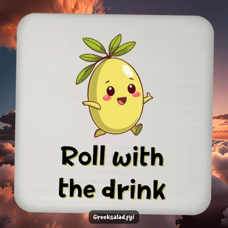 Funny drink coaster with a playful Greek olive character rolling happily, perfect for adding Mediterranean humor.