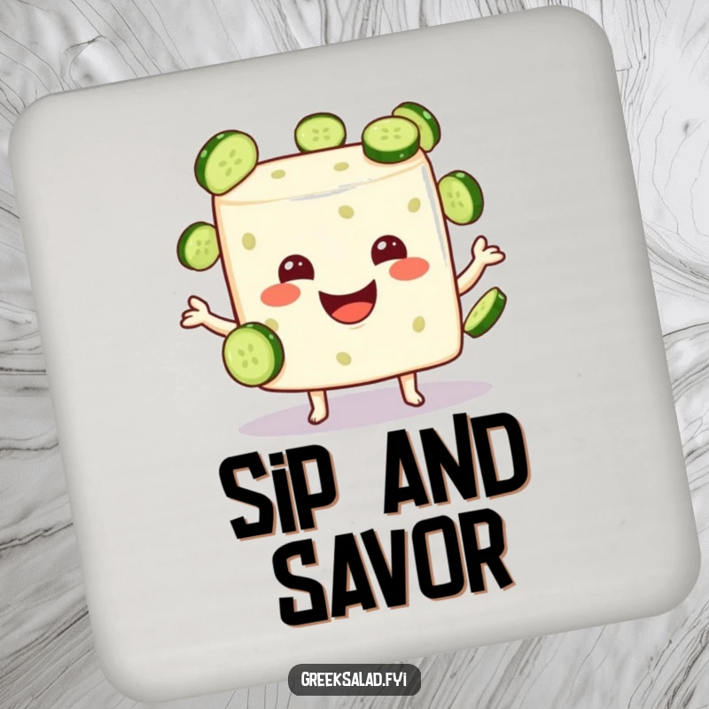 Funny feta cheese cube character smiling as it juggles tiny cucumber slices, absorbent drink coaster.