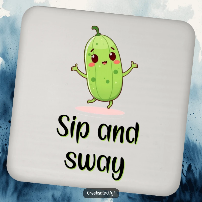 Funny cucumber character dancing on a drink coaster, providing surface protection with a dose of playful veggie charm.