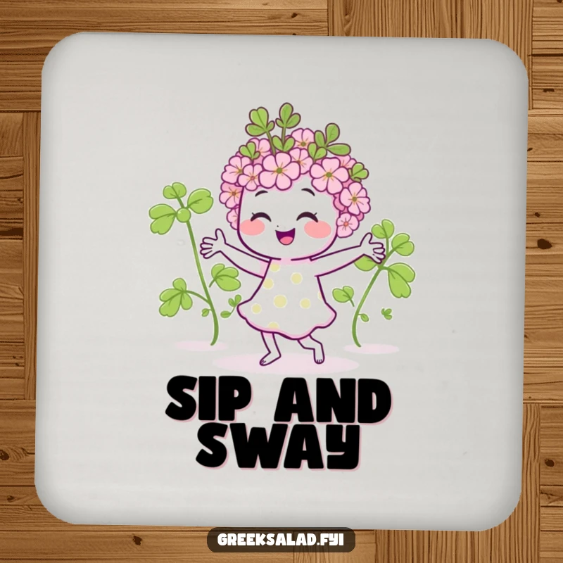 Funny drink coasters showcasing a smiling oregano sprig dancing, protecting furniture with charming, herb-inspired humor.