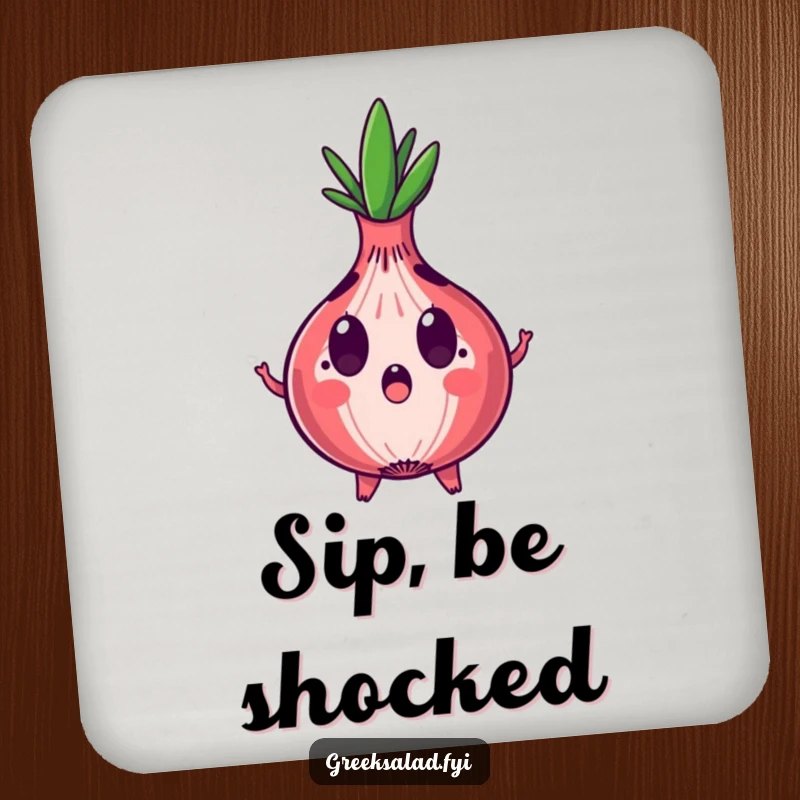 Funny coasters showcasing a surprised red onion character with expanding rings, protecting surfaces with humorous shock.