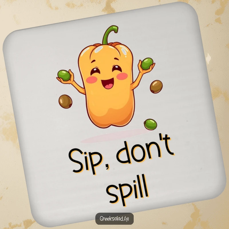 Funny drink coaster featuring a bell pepper character juggling olives, adding a humorous and playful touch to any table setting.