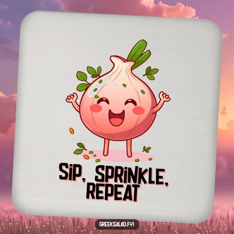 Funny grinning red onion ring character wiggling energetically and sprinkled with herbs, presented on a functional and humorous drink coaster.