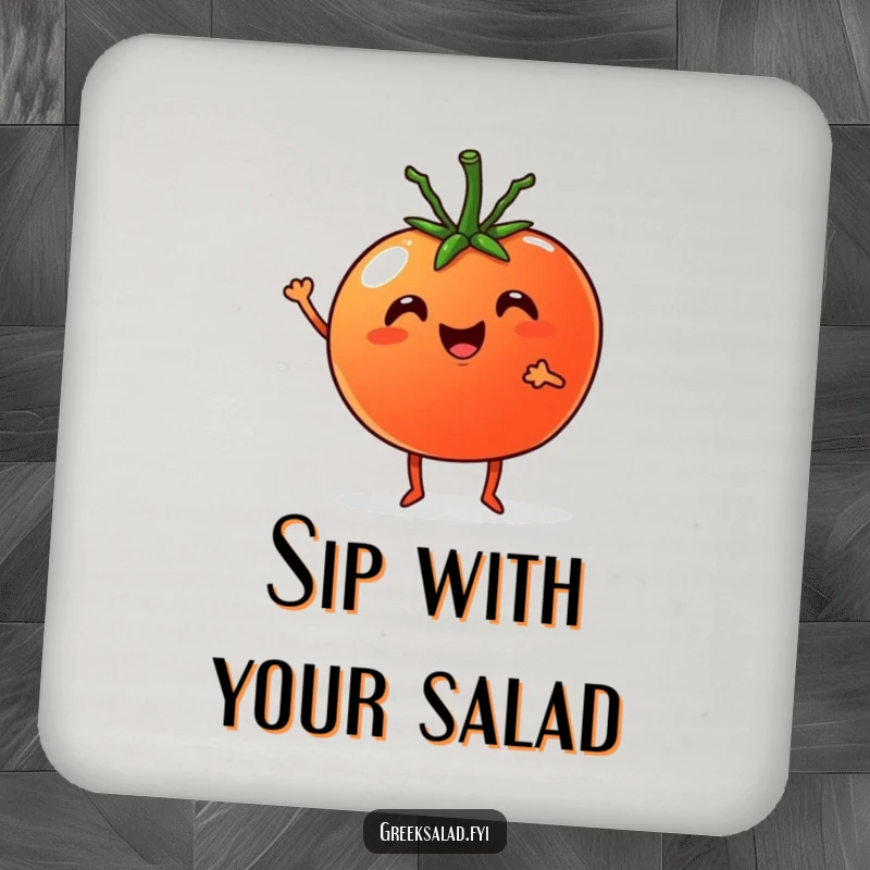 Funny Coaster: Cheerful tomato with tiny legs cheering with a cucumber, perfect for protecting surfaces.