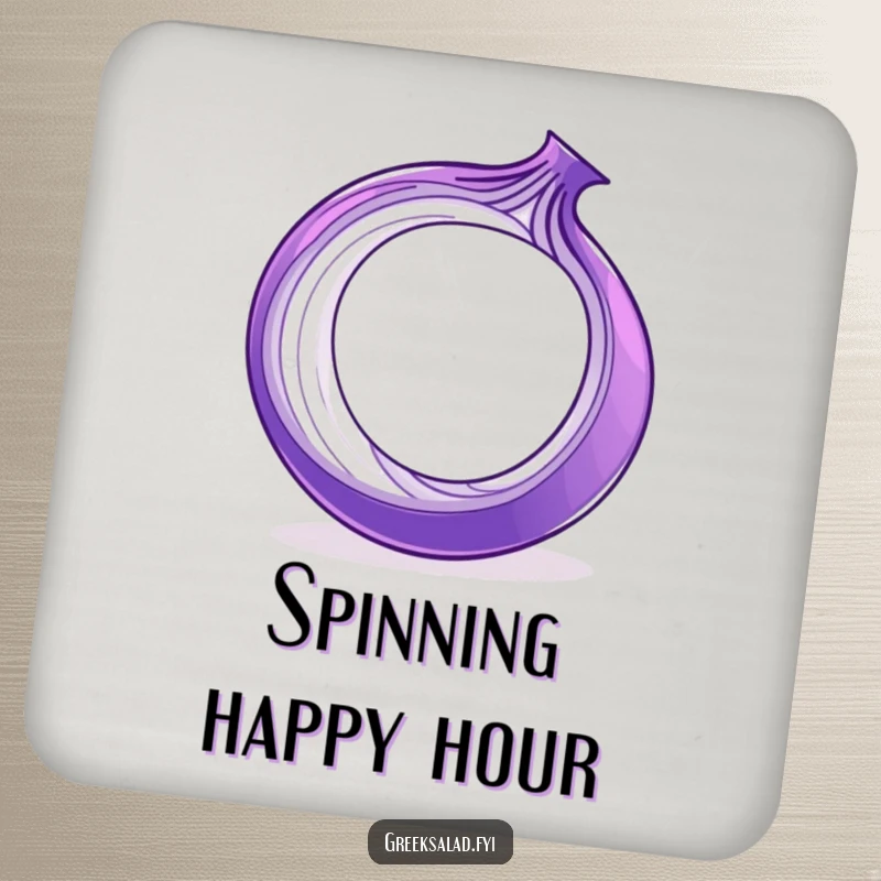 Funny purple onion ring spinning on its edge, depicted on a drink coaster, offering humorous surface protection.