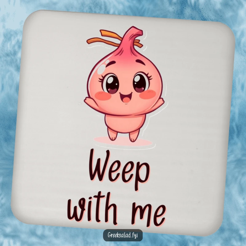 Funny red onion drink coaster with a character spinning joyfully, ideal for protecting surfaces with a humorous vegetable theme.