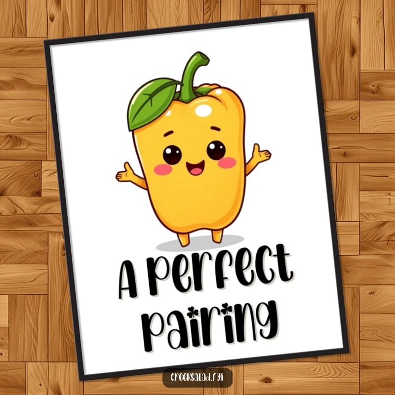 Funny bell pepper character presenting a mini olive on a poster, symbolizing friendship and cheerful generosity in a delightful artwork.