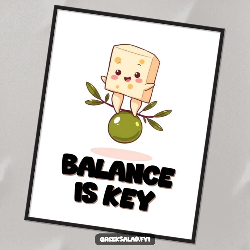 Funny poster artwork of a feta cheese character balancing on an olive, showcasing a playful and humorous gourmet scene.